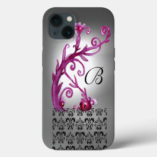 SWIRLS, BERRIES DAMASK MONOGRAM pink ,white black iPhone Case