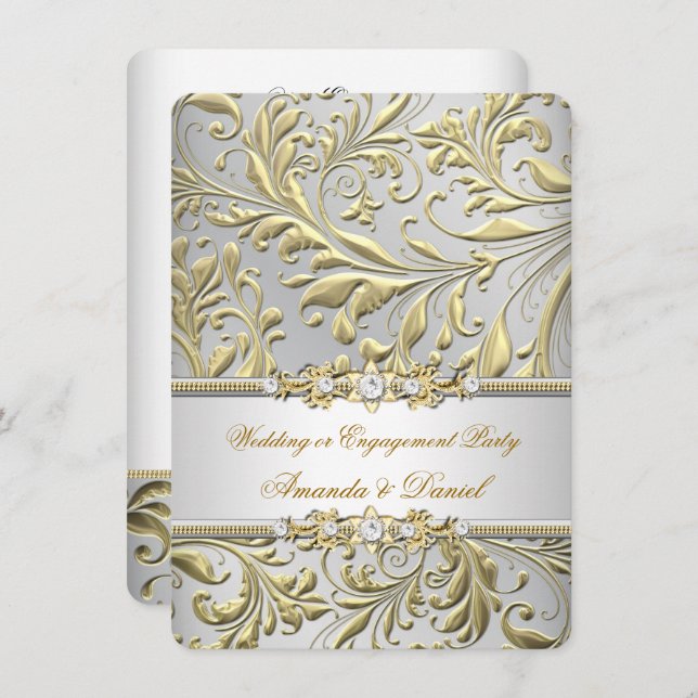 Swirls Floral Gold Silver Wedding or Engagement Invitation (Front/Back)