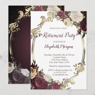 Swirls Gold Frame,Burgundy Flowers Retirement Invitation
