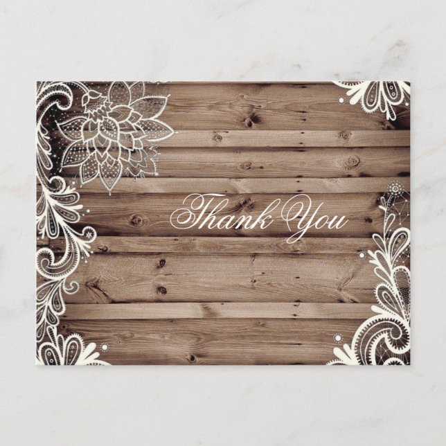 swirls lace barn wood country wedding thank you postcard (Front)