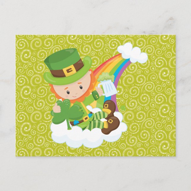 Swirls Leprechaun and Rainbow Postcard (Front)