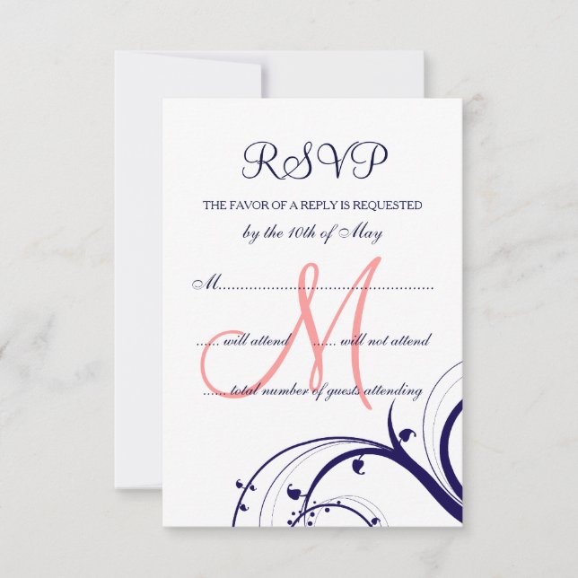 Swirls Navy Blue Coral Pink Wedding RSVP Card (Front)