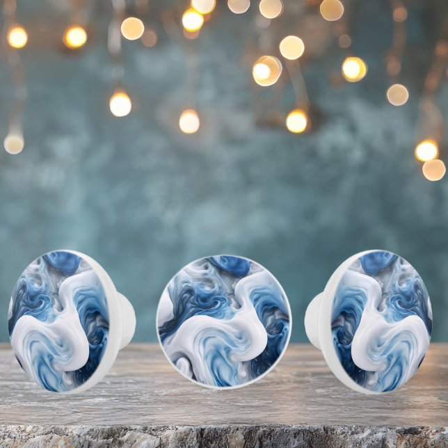 Swirls of Blue and White on Drawer Pull Knob (Decorative ceramic drawer pull knob of blue and white swirls. )