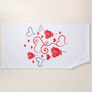 Swirls of Hearts and Roses Beach Towel