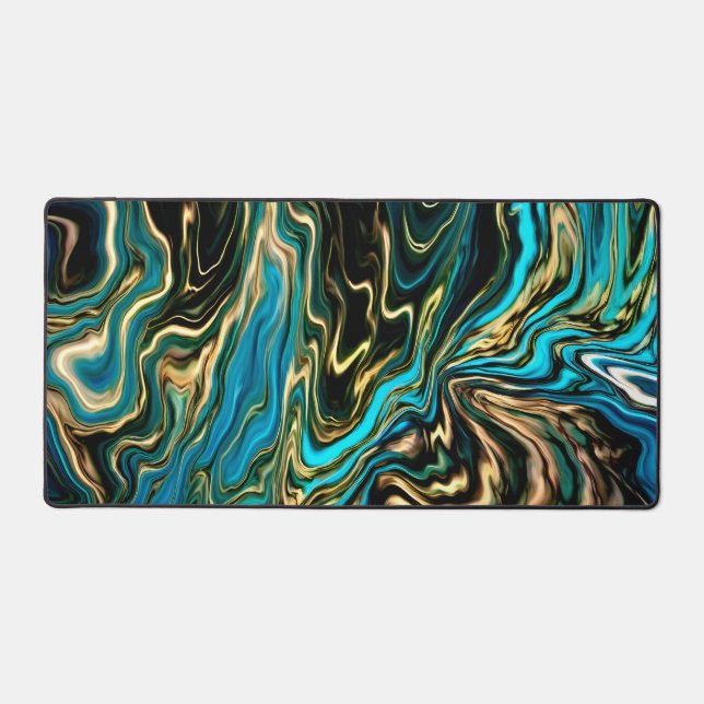 Swirls of Paint Black Gold Turquoise blue Desk Mat (Front)
