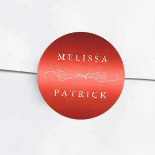 Swirly And Script Wedding Faux Red Foil Classic Round Sticker