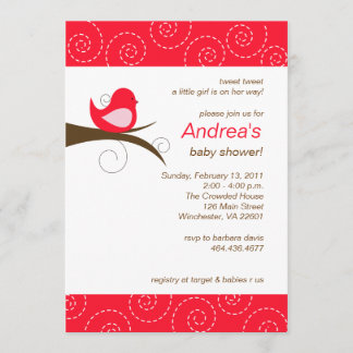 Swirly bird Bright Red Girl Baby Shower Invitation