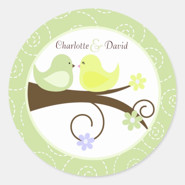 Swirly Bird (Green) Wedding Circle Favour Sticker (Front)