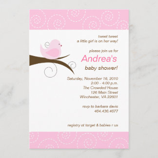 Swirly bird Pink Girl Baby Shower Invitation