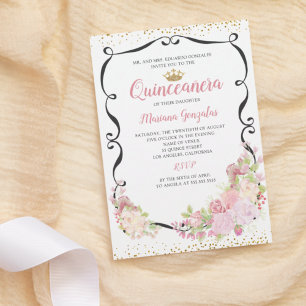 Swirly Black Frame Pink Floral Quinceanera Invitation