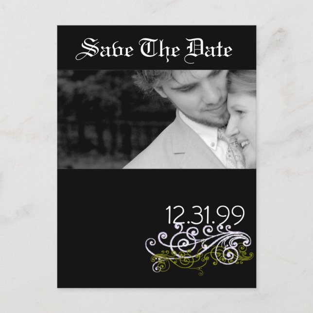 Swirly Black & White Save The Date Announcement Postcard (Front)