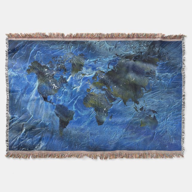 Swirly Blue Acrylic World Map Throw Blanket (Front)