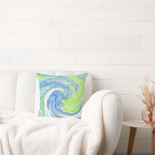 Swirly Blue Green and white Silk Abstract Pillow (Couch)