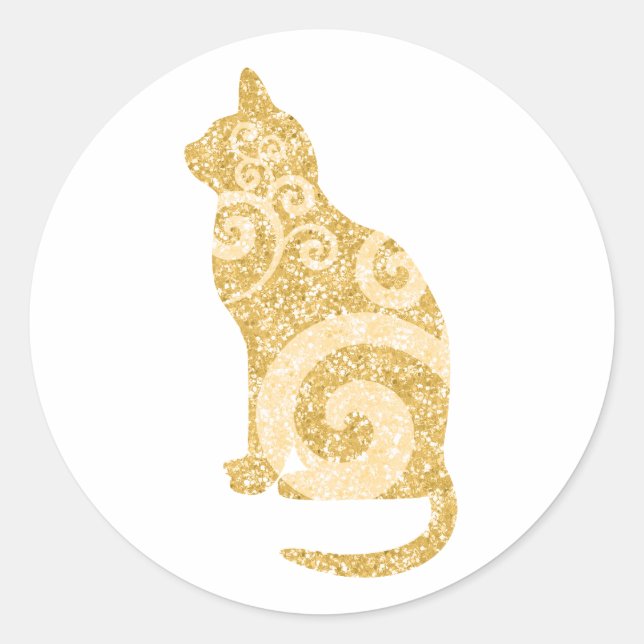Swirly Cat Gold Glitter Classic Round Sticker (Front)