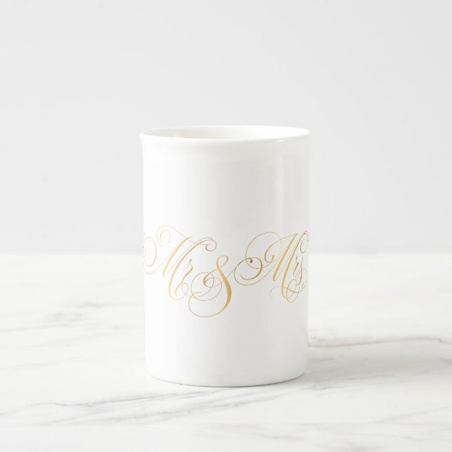 Swirly Classical Script Mr & Mrs Gold Black Bone China Mug (Front)