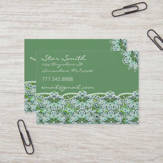 Swirly Floral Paisly Sage Green Business Card (Front/Back In Situ)