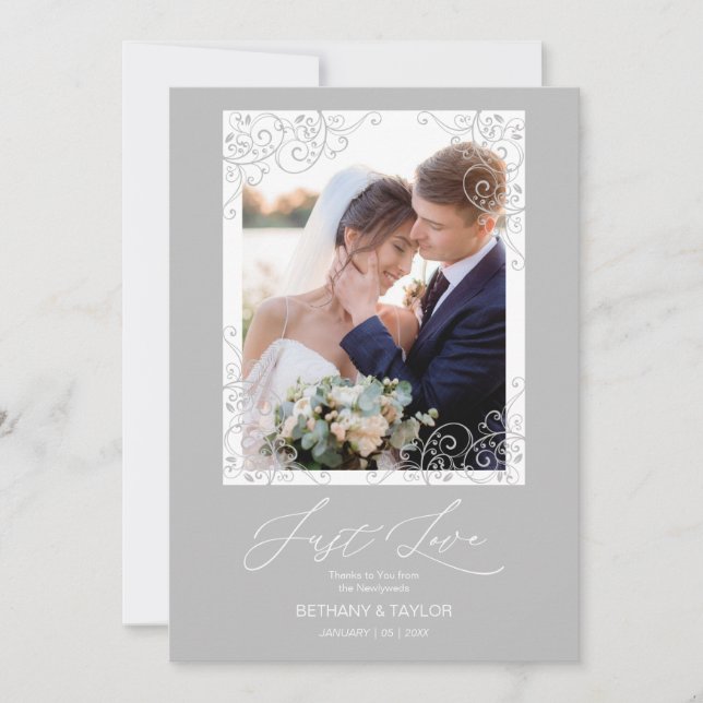 Swirly Flourish Grey Ornament Photo Newlyweds Thank You Card (Front)