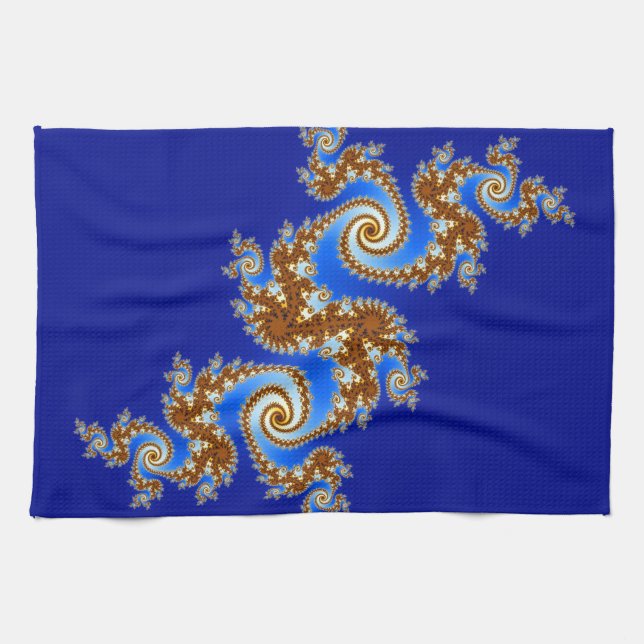 Swirly Fractal Blue Brown Tea Towel (Horizontal)