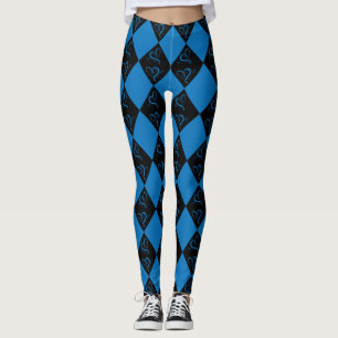 Swirly Hearts Blue and Black Harlequin Design Leggings
