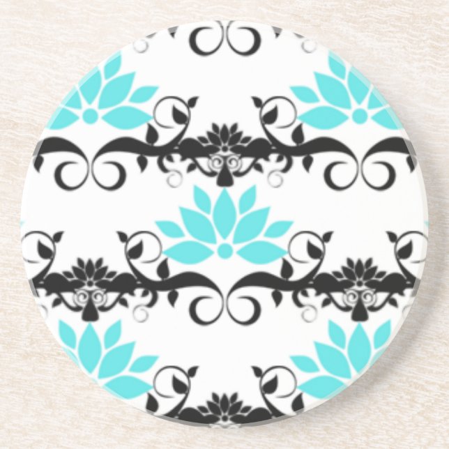 swirly modern aqua white black damask pattern coaster (Front)