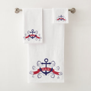 Swirly Nautical boat anchor monogram Bath Towel Set
