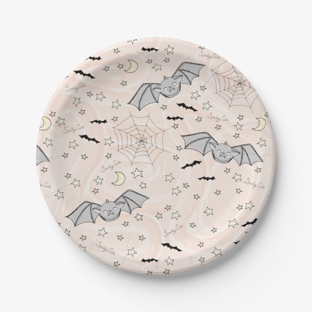 Swirly Orange Batty, Stars & Moons Spooky Cute Paper Plate (Front)