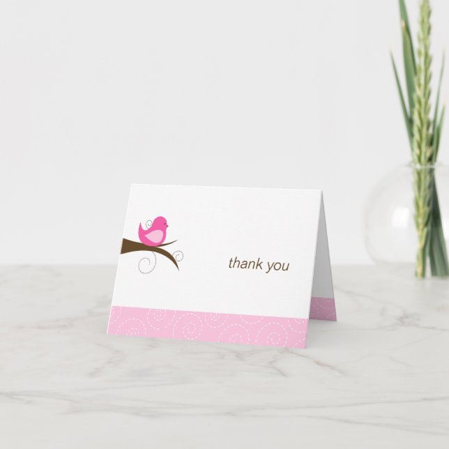 Swirly Pink Bird Note Card Thank You Note Folded (Front)