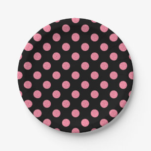 Swirly pink polka dots on black background paper plate