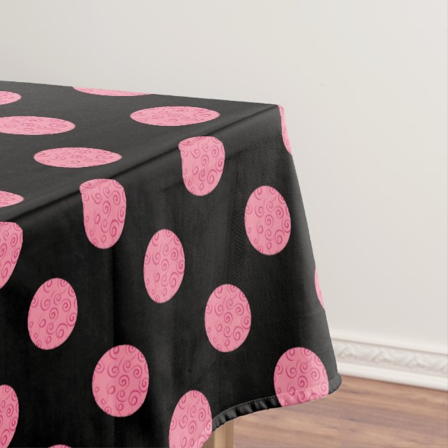 Swirly pink polka dots on black background tablecloth (In Situ)