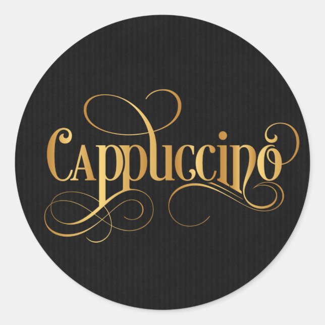 Swirly Script Calligraphy Cappuccino Gold on Black Classic Round Sticker (Front)