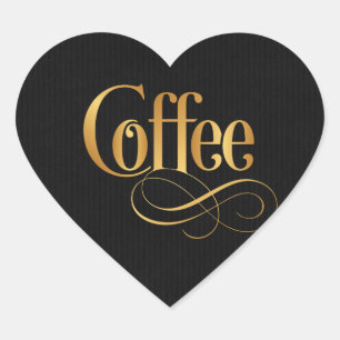 Swirly Script Calligraphy Coffee Gold on Black Heart Sticker