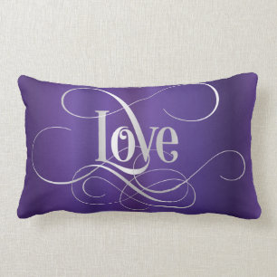 Swirly Script Calligraphy Love Silver on Purple Lumbar Cushion
