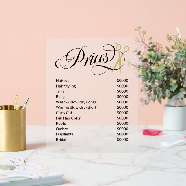 Swirly Script Gold Scissors Hair Salon Price List Acrylic Sign (Wedding)
