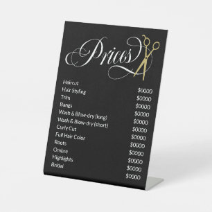 Swirly Script Gold Scissors Hair Salon Price List Pedestal Sign