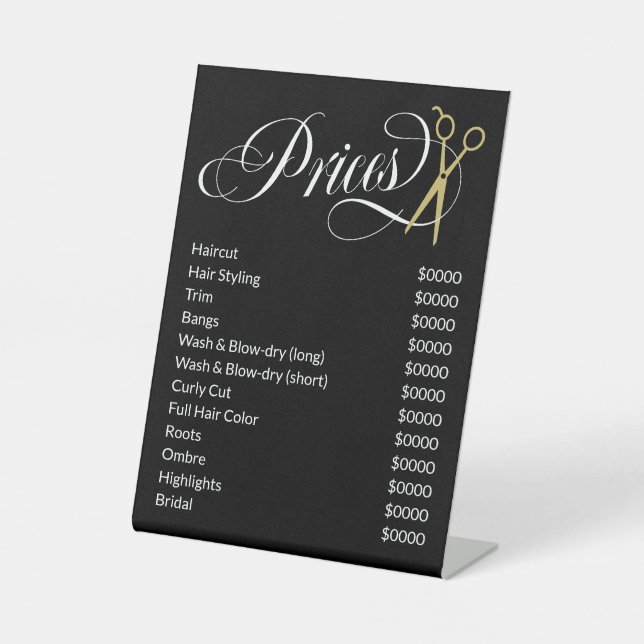 Swirly Script Gold Scissors Hair Salon Price List Pedestal Sign (Front)