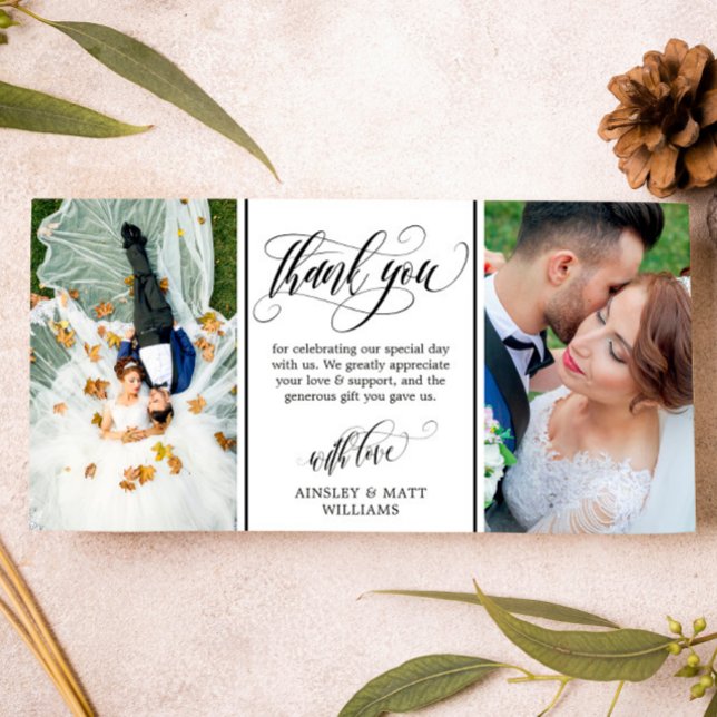 Swirly Script Two Wedding Photos Thank You Card (Creator Uploaded)