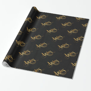 Swirly Script Zodiac Sign Aries Gold on Black Wrapping Paper