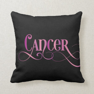 Swirly Script Zodiac Sign Cancer Pink on Black Cushion
