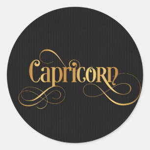 Swirly Script Zodiac Sign Capricorn Gold on Black Classic Round Sticker