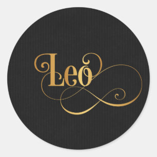 Swirly Script Zodiac Sign Leo Gold on Black Classic Round Sticker