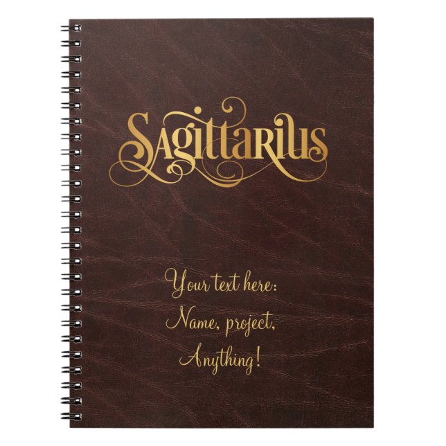 Swirly Script Zodiac Sign Sagittarius Gold Leather Notebook (Front)