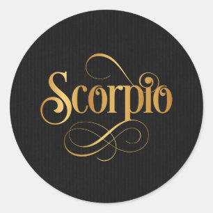 Swirly Script Zodiac Sign Scorpio Gold on Black Classic Round Sticker