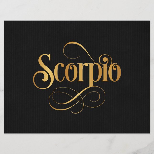 Swirly Script Zodiac Sign Scorpio Gold on Black Flyer (Front)