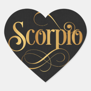 Swirly Script Zodiac Sign Scorpio Gold on Black Heart Sticker