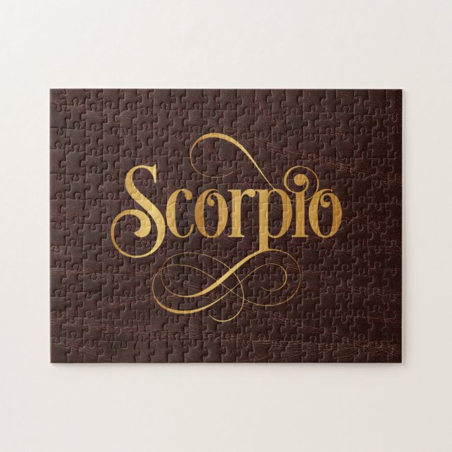 Swirly Script Zodiac Sign Scorpio Gold on Leather Jigsaw Puzzle (Horizontal)