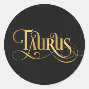 Swirly Script Zodiac Sign Taurus Gold on Black Classic Round Sticker
