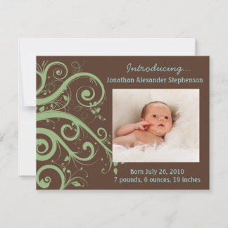 Swirly Vines Green & Brown Baby Boy Photo Birth Announcement