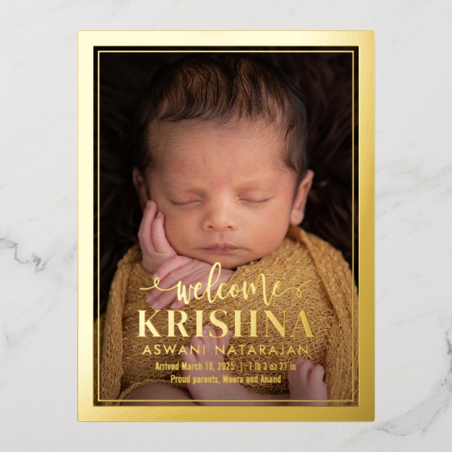 Swirly Welcome Foil Birth Announcement Postcard (Front)