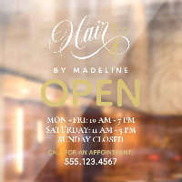 Swirly White Text Scissors Hair Salon Open Hours