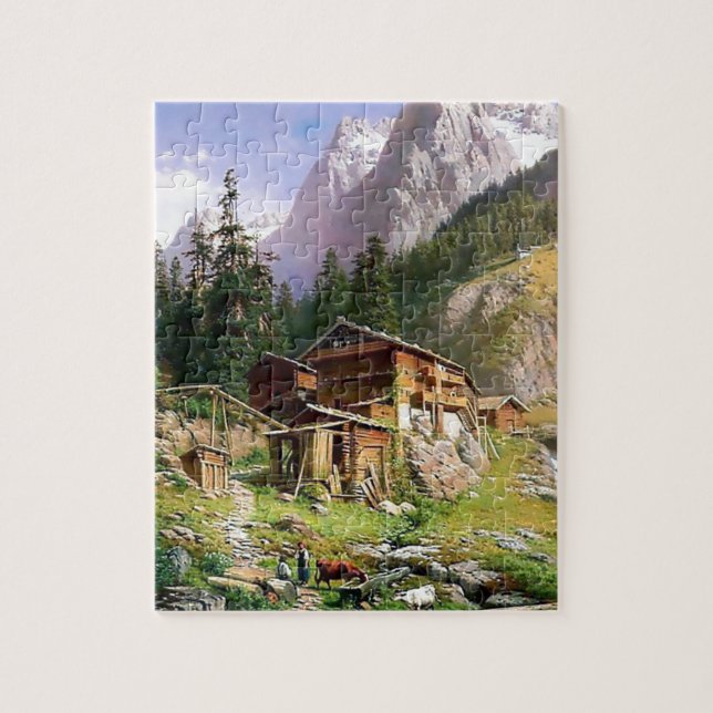 Swiss Alps Log Cabin painting Jigsaw Puzzle (Vertical)
